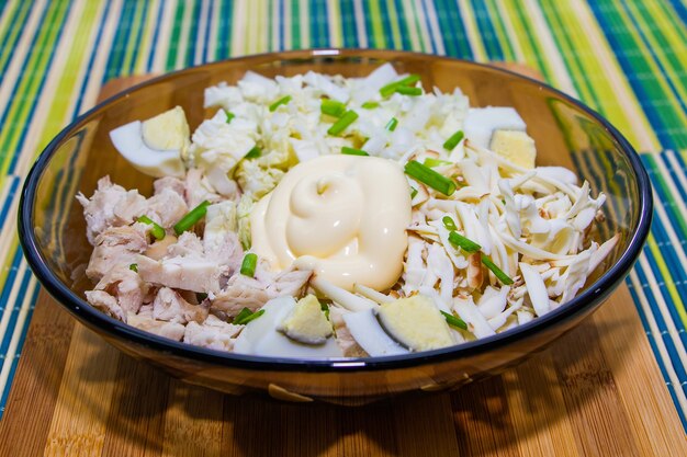 Dietary salad for proper nutrition with chicken and eggs