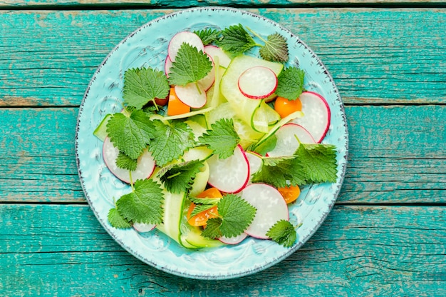 Dietary salad with cucumber, radish, tomato and nettle leaves.Healthy nutrition.Spring salad.Vegetarian food.