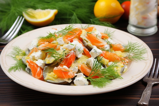 Photo dietary salad with mussels