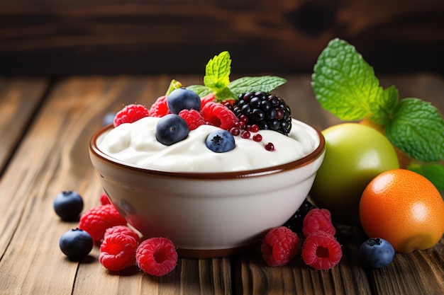 Dietconcept met gewone vetarme Griekse yoghurt vers fruit en houten achtergrond