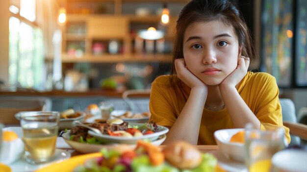写真 ダイエットをしている健康な若い女性が食べ物にえている誘惑を抱えている