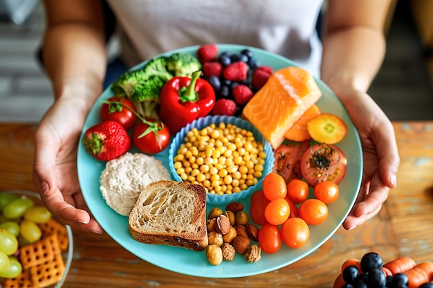 Диета Человек, рассматривающий красочную таблицу тарелок, окруженную фруктами, овощами, зерном и белками