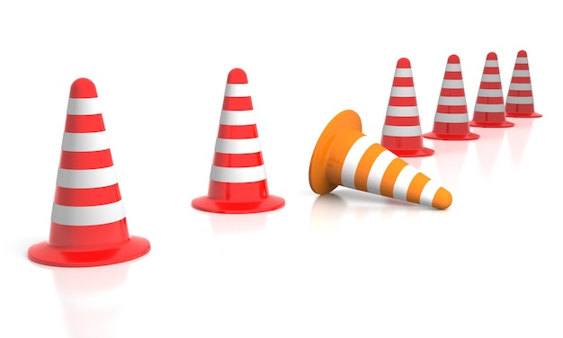 Photo different. 3d illustration of traffic cone knock over on white background
