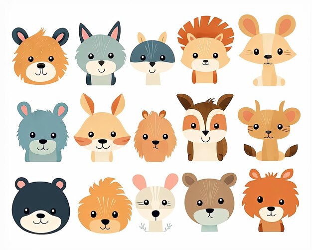 Photo different animal and cartoon animals heads on white background in the style of whimsical animation