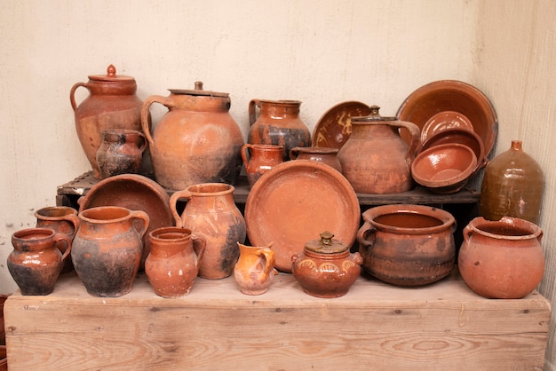 Different antique clay vases, made by hand