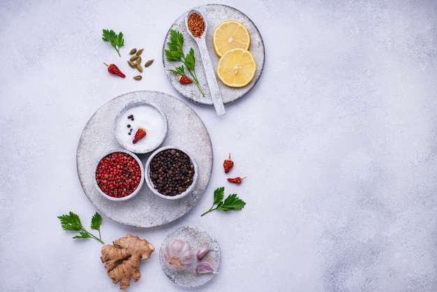 Different asian spices in small bowls