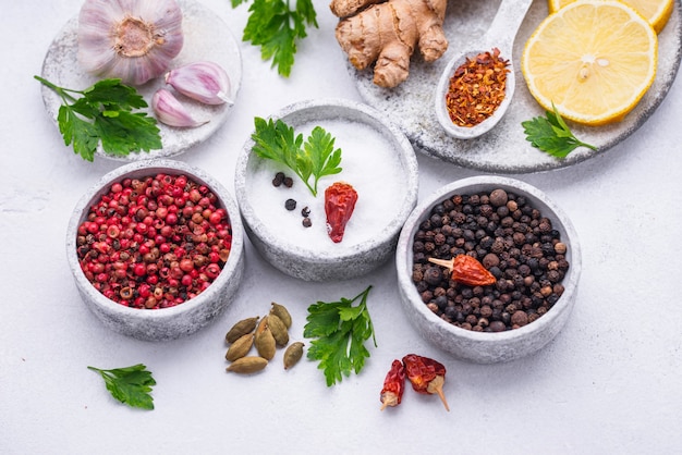 Different asian spices in small bowls