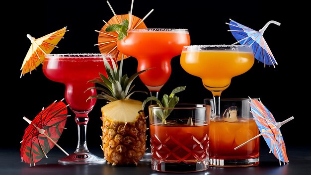 Photo different beautiful cocktails in warm colors on a dark background