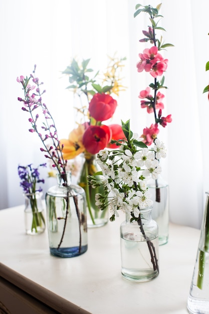 Different beautiful flowers in jars with water on the table near the window