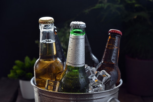 Birre diverse su un tavolo di legno. ci sono bottiglia e bicchiere con ghiaccio per tenerli al freddo