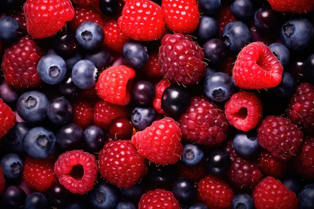 Different berry fruits background Tasty summer mix Generative AI