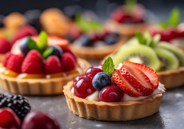 Different berry tarts on grey table Delicious pastries