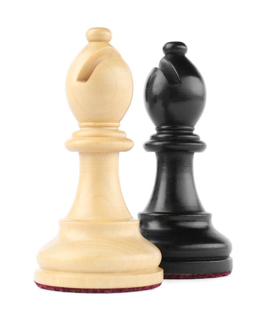 Different bishops on white background Chess pieces