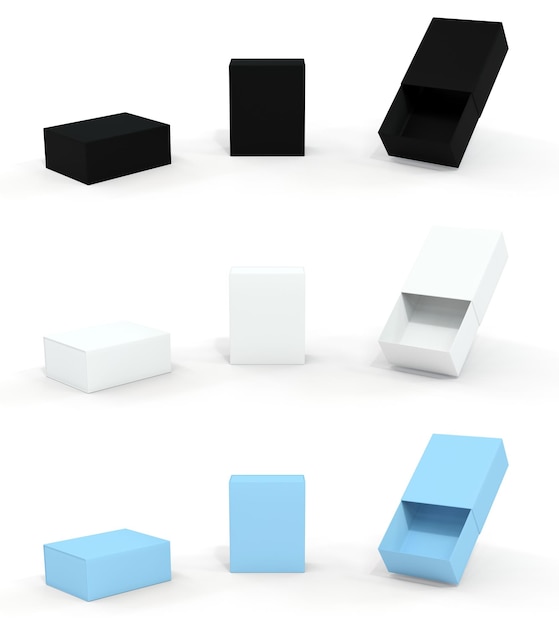 Different boxes on white background mockup 3D rendering