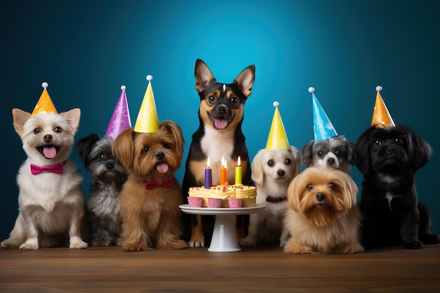 다양한 품종의 애완동물 파티 생일 축하 제너레이티브 AI