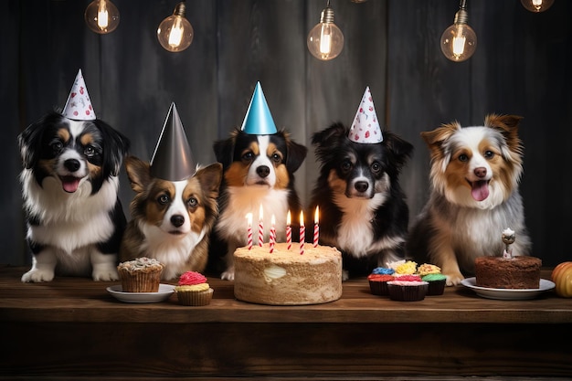 다양한 품종의 애완동물 파티 생일 축하 제너레이티브 AI