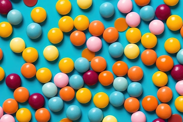 Различные конфеты лежали плоско на синем фоне студии с яркими цветами