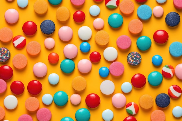 Different candy over a orange studio background with vibrant colors