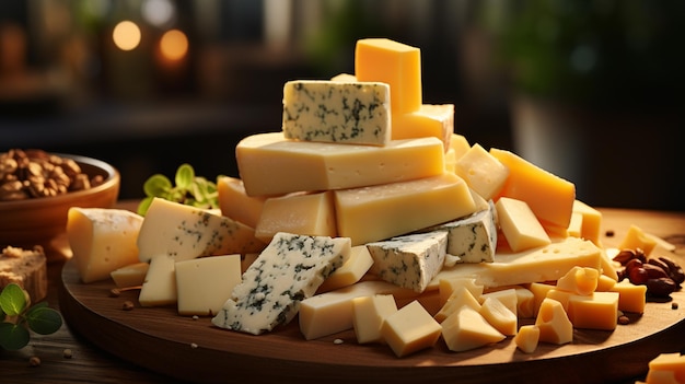 different cheeses with grapes on wooden board