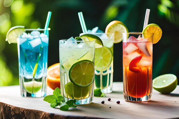 different cocktails on a table with a background of green plants and flowers.