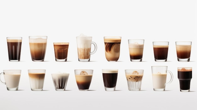 Different coffee glasses in a row on a white background Created with Generative AI technology