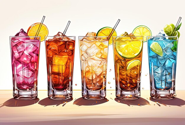 different colocolors with cocktails in the style of highly detailed illustrations