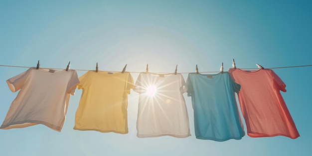 Photo different color of 4 tshirts hanging on a clothesline againts clear blue sky