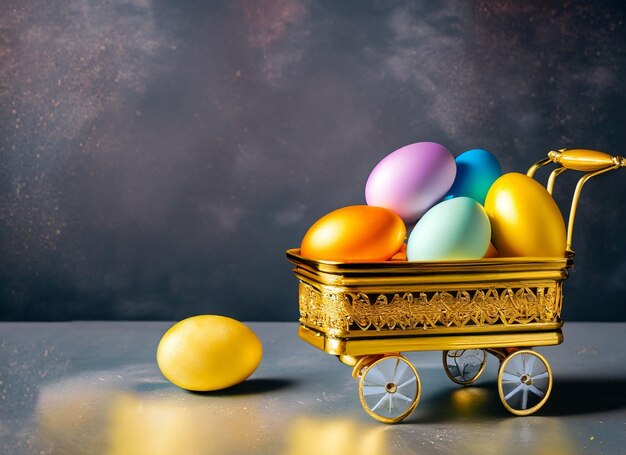 different color eggs in a golden cart red