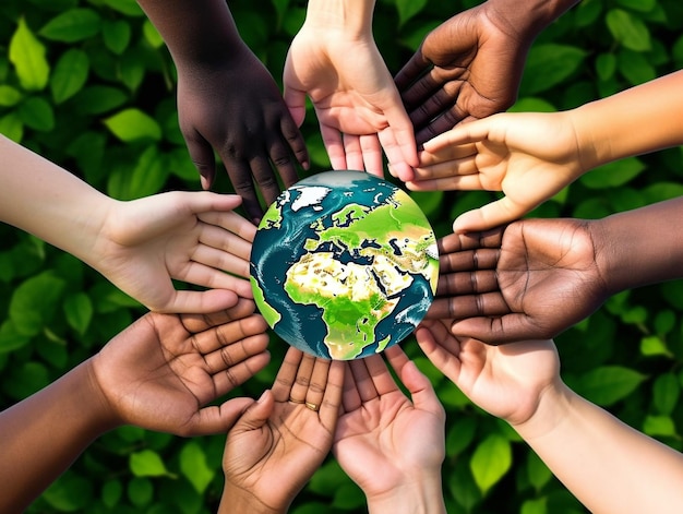 different color of hands are reaching for a globe environmental protection and sustainability