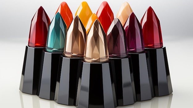 Photo different color lipstick pyramid on white background photo studio