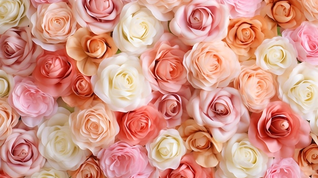 Photo different color of roses full background top view lay flat