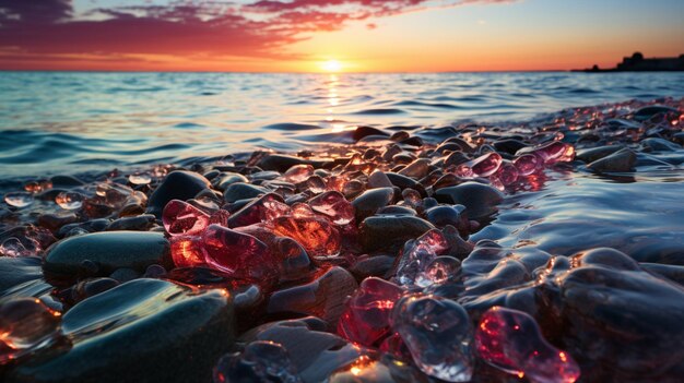 Foto lato in pietra di colore diverso sulla spiaggia del mare e l'alba con effetto luce solare sull'acqua