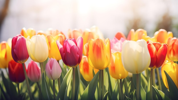 Different color tulips field in spring