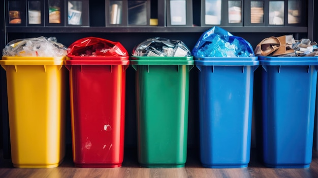 Фото Различные цветные контейнеры, аккуратно заполненные сортированными перерабатываемыми материалами, стеклянной пластиковой бумагой и металлами, подчеркивающими организованное управление отходами