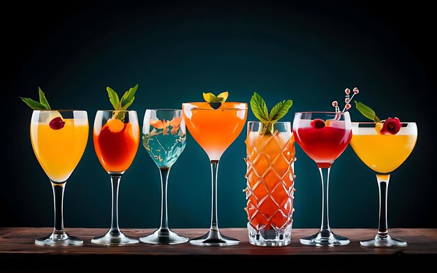 Различные цветные коктейли в бокалах на столе украшение разных коктейлей в разных бокалах