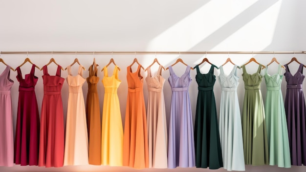 different colored floorlength dresses hang on a hanger on a white background