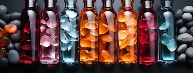 Фото Различные цветные бутылки с растительным маслом и парфюмерией на столе