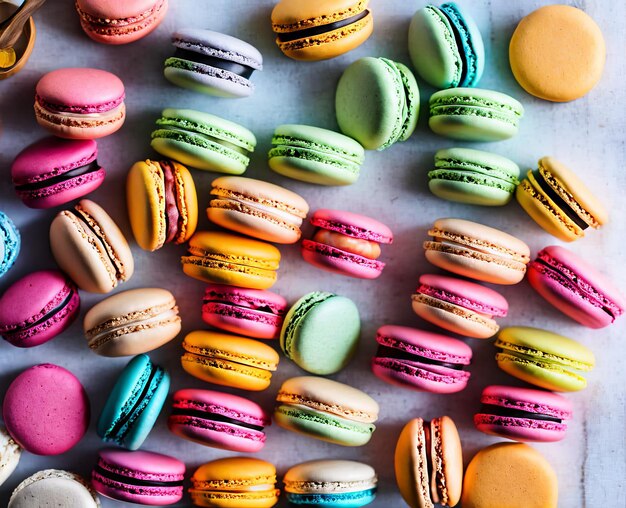 Different colored macarons with a white and yellow macaroon with mint in the background top view