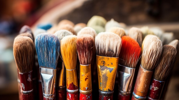 different colored paint brushes on wooden table