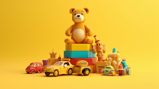 Different colorful childrens toys on yellow background ai generative