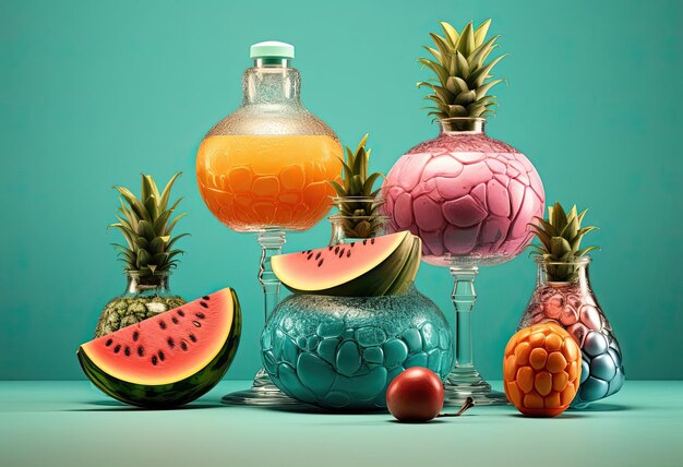 Different colorful drinks with fruit inside in the style of dreamy surrealist compositions