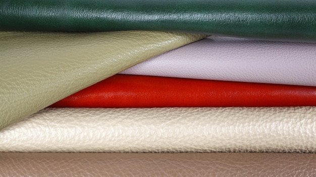 Different colors natural leather textures samples Closeup shot