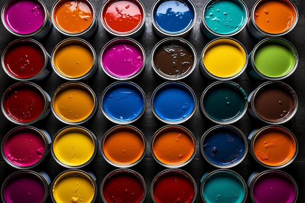 different colors paint cans