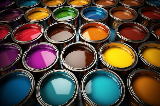 different colors paint cans