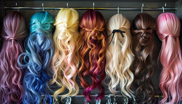 different colors and stiles of wigs