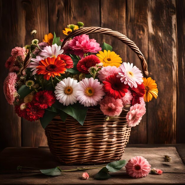 different colour flower is in the corner of a picture a big basket