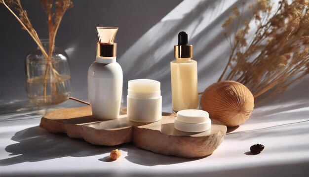 Different containers with cosmetics with natural light from the window