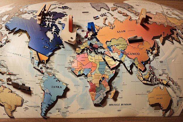 Photo different continents tag with clothes peg on world map