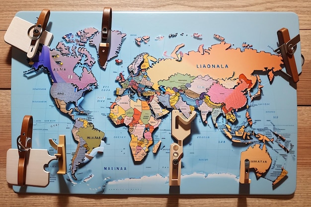 Photo different continents tag with clothes peg on world map