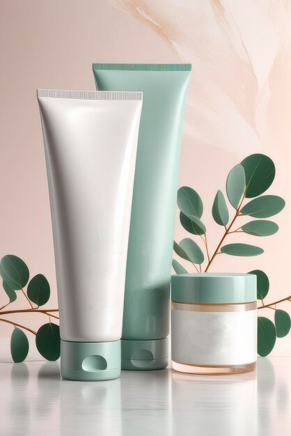 Different cosmetic bottles and container cosmetics with eucalyptus background